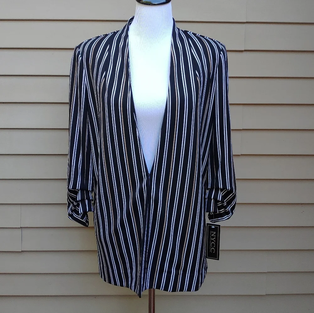 NYCC Black Striped Blazer 3/4 Ruched Sleeves NWT Hook Closure